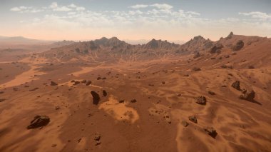 Geniş kırmızı kumullar ve kayalık oluşumlar Mars yüzeyine yayılarak engebeli bir araziyi ortaya çıkarıyor. 3d hazırlayıcı