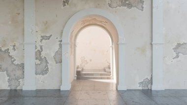 Yumuşak güneş ışığı, geniş ve minimalist bir iç mekâna doğru kemerli bir girişten süzülür. Çatlak duvarlar ve taş basamaklar dingin atmosfere yaşlanmış bir güzellik katıyor. 3d hazırlayıcı.