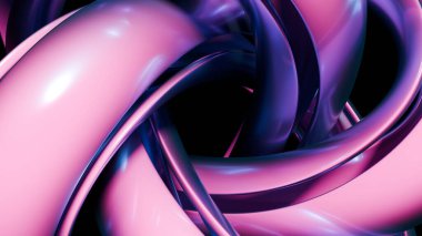 Pembe ve mor renkli parlak kıvrımlı şekillerin karmaşık bir düzeni siyah bir arka plana karşı büyüleyici bir görsel etki yaratır, hareketin ve akıcılığın altını çizer. 3d hazırlayıcı
