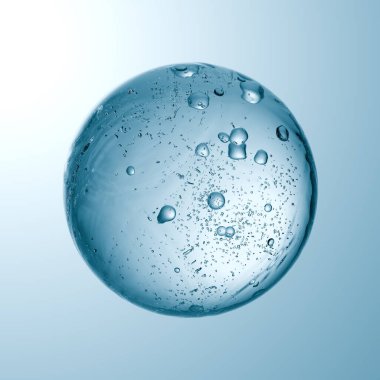 berrak maddeden yapılmış küresel nesne suyun içine gömülür ve içinde çok sayıda kabarcığın yükseldiğini gösterir. Yumuşak ışıklandırma, şeffaf görünümünü güçlendirir ve ruhani bir etki yaratır. 3d hazırlayıcı