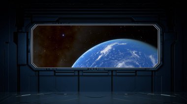 Çarpıcı pencere görüntüsü, derin uzay ve uzak yıldızların arkaplanlarına karşı aydınlatılmış Dünya 'yı ortaya koyuyor. Bu da gezegenimizin güzelliğini ve sükunetini gece vakti fütüristik bir ortamda yansıtıyor. 3d hazırlayıcı