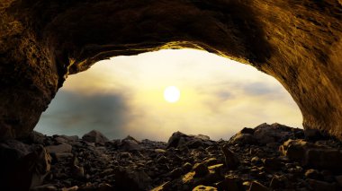 Güneş ışığı mağara girişinden süzülüp içerideki kayalık zemini aydınlatıyor. Şafağın altın rengi sakin bir atmosfer yaratır, dışarıdaki doğal harikaların keşfine davetiye çıkarır. 3d hazırlayıcı
