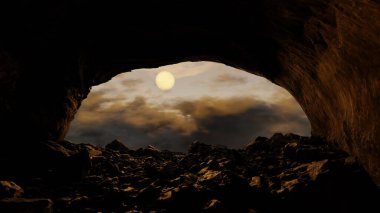 Kayalık mağara girişi gece gökyüzünün çarpıcı bir görüntüsünü ortaya çıkarıyor. Parlak dolunay karanlık bulutların üzerine ışık saçıyor, alacakaranlıkta ya da şafakta büyüleyici bir atmosfer yaratıyor. 3d hazırlayıcı