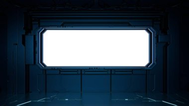 Pürüzsüz karanlık duvarlarla çevrili geniş, boş bir ekran ile geniş, minimalist bir alan görsel gösteriler veya sanatsal gösteriler için yüksek teknolojili bir ortam yaratır. 3d hazırlayıcı