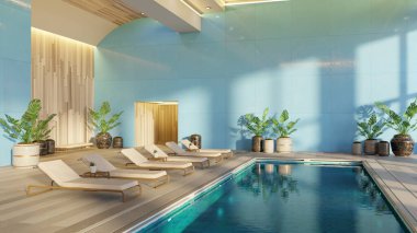 Sakin bir kapalı havuz alanında berrak su, büyük bitkiler ve büyük pencerelerden akan parlak gün ışığı altında modern dekorun yanında şık salonlar bulunur. 3d hazırlayıcı