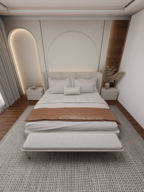 Geniş yatak odası yumuşak çarşaflı rahat bir yatak, ayak ucunda şık bir bank ve zarif bir dekor içerir. Doğal ışık perdelerin arasından süzülerek davetkar atmosferi arttırır. 3d hazırlayıcı