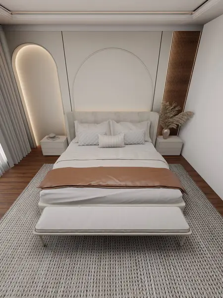 Geniş yatak odası yumuşak çarşaflı rahat bir yatak, ayak ucunda şık bir bank ve zarif bir dekor içerir. Doğal ışık perdelerin arasından süzülerek davetkar atmosferi arttırır. 3d hazırlayıcı