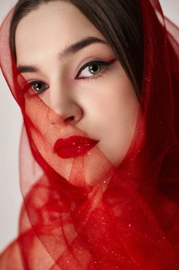 Kadın güvenle poz veriyor, kısmen şeffaf kırmızı bir peçeyle kaplanmış. Kalın göz makyajı yüz hatlarını güçlendirirken dudakları da göz alıcı bir şekilde parlıyor..