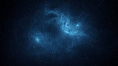 Kozmik ışıkla aydınlatılan parlak mavi nebulanın çarpıcı görüntüsü uzayın engin karanlığında sayısız parıldayan yıldızlarla çevrili. 3d hazırlayıcı