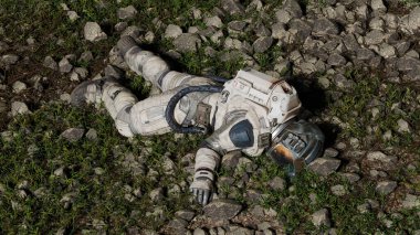 Beyaz bir uzay giysisi içindeki astronot engebeli bir arazide küçük kayalar ve çimen parçalarıyla durmaktadır. Ayar, muhtemelen bir keşif görevinden sonra uzak bir gezegen olduğunu gösteriyor. 3d hazırlayıcı