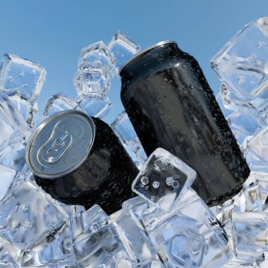 Buz küpleri arasında parlayan iki siyah teneke kutu güneşin altında yoğunlaşır. Açık mavi gökyüzü ferahlatıcı bir atmosfer yaratır, sıcak bir gün için mükemmel. 3d hazırlayıcı