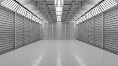 Geniş, el değmemiş depolama alanı yüksek tavanlar ve parlak ışıklandırma içeriyor. Metalik duvarlar depolama üniteleriyle kaplı. Bu tesis organize depolama çözümleri için idealdir. 3d hazırlayıcı