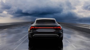 Gösterişli araç, yansıtıcı yüzeylere sahip yağmurlu bir yolda sürekli hareket ediyor. Karanlık, uğursuz bulutlar yukarıda toplanıyor. Uzaktan yaklaşan fırtınayı işaret ediyorlar. 3d hazırlayıcı