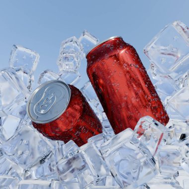 Işıl ışıl buz küplerinin arasında oturan iki kırmızı soda kutusu güneş ışığını yansıtıyor. Parlak mavi gökyüzü ferahlatıcı sahneyi geliştirmek için mükemmel bir yaz arkaplanı sağlar. 3d hazırlayıcı