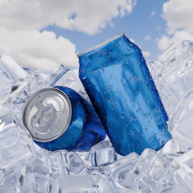 Ilık bir günde ışıldayan iki mavi soda kutusu kristal berrak buz küplerinin arasına yerleşmiş, pofuduk beyaz bulutlar ve parlak mavi bir gökyüzüne karşı güneş ışığını yansıtıyorlar. 3d hazırlayıcı