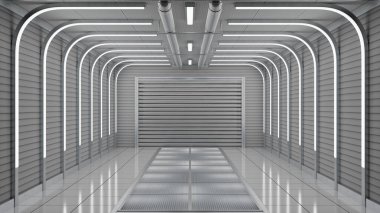 Pürüzsüz yüzeyleri ve modern minimalist tasarımı olan geniş bir iç mekan. Parlak ışıklar duvarları ve zemini aydınlatarak çeşitli kullanım alanları için temiz ve açık bir atmosfer yaratır. 3d hazırlayıcı