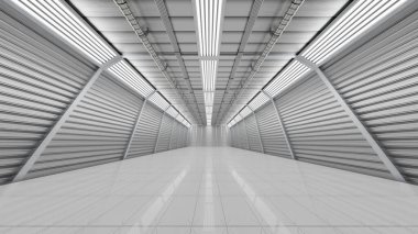 Modern bir depolama tesisinin geniş ve iyi ışıklandırılmış iç kısımları parlak metal duvarlar ve parlak fayanslı zemin içeriyor, her zaman kolay organize olmak ve depolanan eşyalara erişmek için tasarlanmış. 3d hazırlayıcı