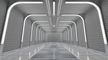 Modern koridorda pürüzsüz duvarları, parlak kemerleri ve cilalı döşemeleri olan minimalist bir tasarım sergileniyor. Fütüristik mimari temiz ve davetkar bir atmosferi vurguluyor. 3d hazırlayıcı