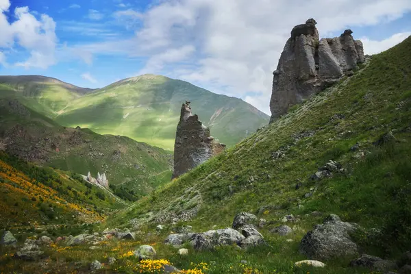 Bereketli yeşillikler ve renkli kır çiçekleriyle çevrili kendine özgü kaya oluşumlarının yer aldığı dağlık bir vadinin çarpıcı manzarası. Berrak gökyüzü manzaranın sakin atmosferine eklenir.