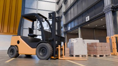 Forklift, düzgünce istiflenmiş kutular ve paketlerle dolu geniş bir depoda paletleri aktif olarak kaldırıyor. Parlak ışıklandırma organize çalışma ortamını vurguluyor. 3d hazırlayıcı