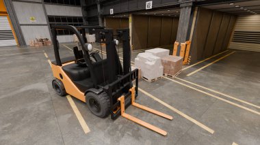 Forklift, paletlerin yanına yerleştirilmiş büyük bir depoda duruyor. Bölge iyi ışıklandırılmış ve depo ekipmanları verimli yükleme ve boşaltma faaliyetleri için düzenli olarak düzenleniyor. 3d hazırlayıcı