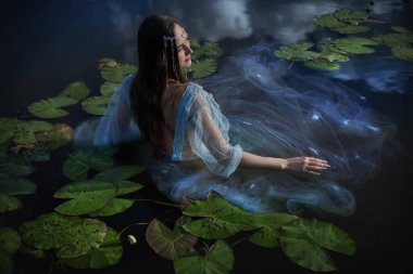 Narin, dalgalı bir elbise giymiş bir kadın durgun suda nilüferlerin arasında zarif bir şekilde oturur. Yüzeyden yansıyan yumuşak ışık ve yukarıdaki bulutlar mistik bir atmosfer ekler..