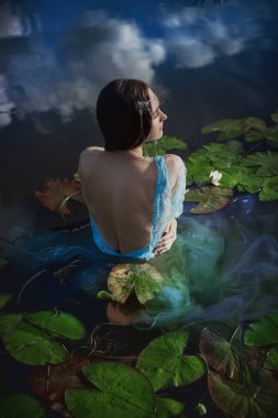 Huzurlu bir an, mavi giyinmiş, sakin bir suda, nilüferlerin arasında oturmuş, alacakaranlık gökyüzünü yansıtan, doğayla bir barış ve bağ hissi uyandıran bir kadın yakalıyor..