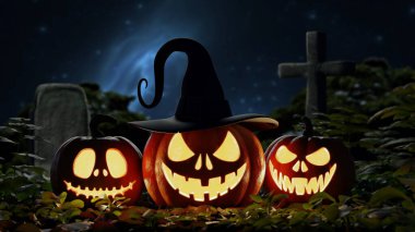 Üç tane oyulmuş, sırıtan yüzlü balkabağı gece karanlığında bir mezarlıkta yaprakların arasında, esrarengiz bir ışıltıyla karanlık bir arkaplanda oturuyor. 3d hazırlayıcı