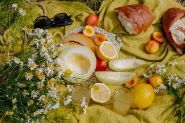 Şeftali ve kavun da dahil olmak üzere renkli bir taze meyve gösterisi, bir parça ekmeğin yanında, hepsi güneş ışığı altında açan kır çiçekleriyle birlikte parlak yeşil bir battaniyeye kurulmuş..