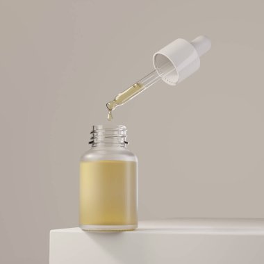 Pipette cam şişeye bir damla sıvı boşaltarak ürünlerin dokusunu ve özünü bir cilt bakımı için mükemmel yumuşak nötr bir zemin üzerinde sergiliyor. 3d hazırlayıcı