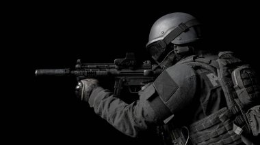 Asker elinde ateşli bir silahla karanlık bir ortamda taktiksel bir duruş sergiliyor. Sahne, askerlerin eğitime ve göreve hazır olmaya olan bağlılıklarını vurguluyor. 3d hazırlayıcı