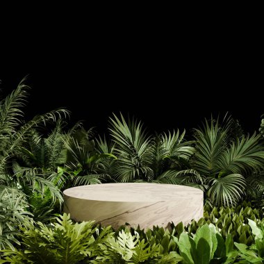 yumuşak taş çember yoğun, canlı tropikal bitkilerin ortasında, gece gökyüzünün karanlık zeminine hafifçe vurularak sakin bir atmosfer yaratır. 3d hazırlayıcı