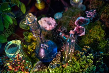 Canlı bir orman sahnesinde, yemyeşil yosunlar ve büyüleyici taşlar arasında duran eşsiz iksir şişeleri vardır. Yumuşak ışık mistik atmosferi güçlendirir ve büyülü bir titreşim yaratır..