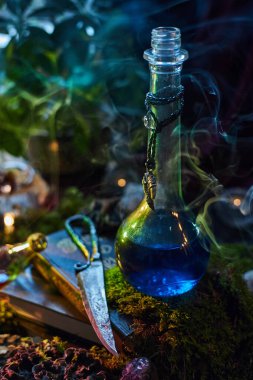 glass bottle filled with a glowing blue liquid stands among green plants and stones. Soft smoke swirls around the bottle, creating an enchanting atmosphere at twilight.