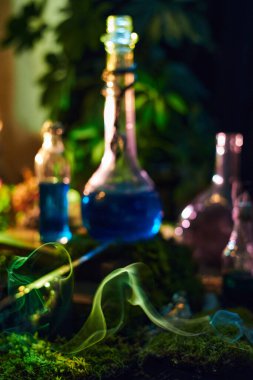 captivating scene features various glass flasks filled with colorful liquids, casting vibrant reflections. Wisps of smoke rise, creating a mysterious atmosphere among lush green plants.