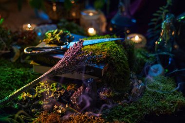 mystical tabletop scene features open books, dried herbs, and glowing candles. Soft smoke lingers as natural elements create a tranquil, magical environment.