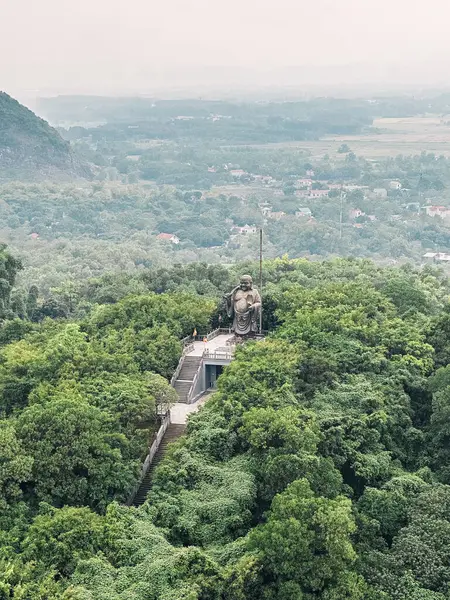 Vietnam 'da, Ninh Binh' de sisli bir günde Bai Dinh tapınağındaki yağmur ormanlarının ortasında büyük Buda heykeli.