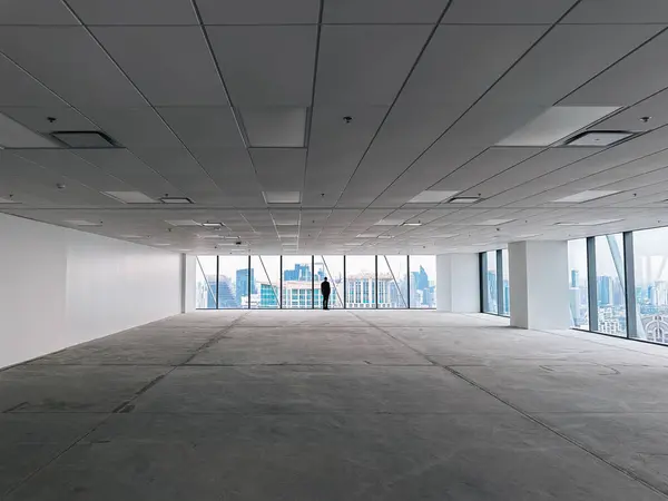 Ufuk çizgisine bakan boş bir ofiste tanınmayan bir adam silueti; iş, liderlik ve hırs.