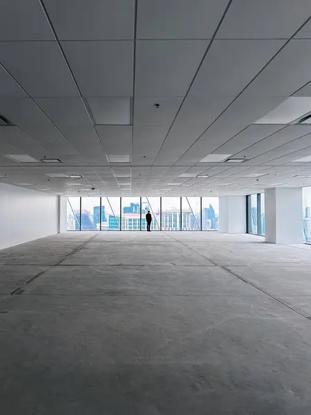 Boş bir ofisteki tanınmayan bir adamın siluetinin dikey görünümü ufuk çizgisine bakıyor; iş, liderlik ve hırs