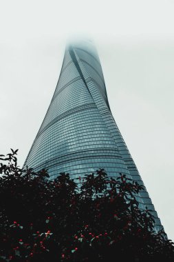 Lujiazui finans bölgesindeki gökdelenin alçak açılı görüntüsü bir kış günü siste, Şangay, Çin