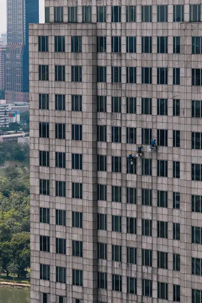 İplerden sallanan cam temizleyicileri, yüksek bir gökdelenin cam cephesini özenle yıkıyor ve kentsel bakımı büyük yüksekliklerde vurguluyor. Bangkok, Tayland