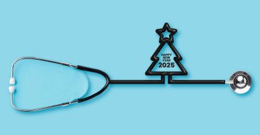 Yılbaşı ağacı, yeni yıl 2025, izole edilmiş steteskopun ikili halkasından, anatominin tıbbi illüstrasyonundan, teşhis araçlarından ve doktor değerlendirmesi için sağlık hizmetlerinden oluşan tıbbi bir yapı.