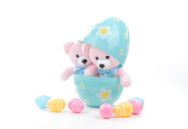 Absolutely adorable Teddy Bears inside the Easter egg shell surrounded by smaller eggs, pure white background with a copy space for your text
