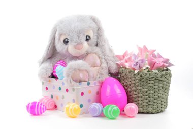Gri Paskalya tavşanı. Etrafı çok renkli paskalya yumurtalarıyla çevrili. Saf beyaz bir zemin üzerinde.