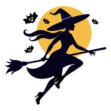 Süpürge vektör illüstrasyonunda oturan bir cadının silueti. Cadılar Bayramı tasarımları, dekorasyonlar, posterler ve daha fazlası için mükemmel. Ürkütücü ve büyülü bir dokunuş..