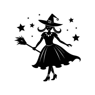 Süpürge vektör illüstrasyonunda oturan bir cadının silueti. Cadılar Bayramı tasarımları, dekorasyonlar, posterler ve daha fazlası için mükemmel. Ürkütücü ve büyülü bir dokunuş..