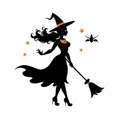 Süpürge vektör illüstrasyonunda oturan bir cadının silueti. Cadılar Bayramı tasarımları, dekorasyonlar, posterler ve daha fazlası için mükemmel. Ürkütücü ve büyülü bir dokunuş..