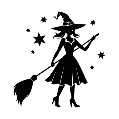 Süpürge vektör illüstrasyonunda oturan bir cadının silueti. Cadılar Bayramı tasarımları, dekorasyonlar, posterler ve daha fazlası için mükemmel. Ürkütücü ve büyülü bir dokunuş..