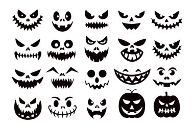 Korkunç ve komik Cadılar Bayramı Balkabağı ve Hayalet Yüzler 'in vektör çizimi Cadılar Bayramı projelerine ürkütücü ama eğlenceli bir dokunuş katıyor. Dekorasyon ve parti davetleri için mükemmel..