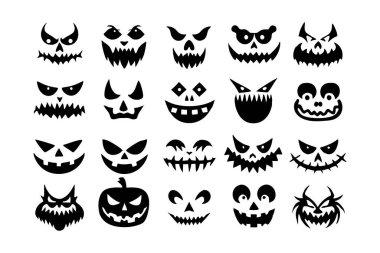 Korkunç ve komik Cadılar Bayramı Balkabağı ve Hayalet Yüzler 'in vektör çizimi Cadılar Bayramı projelerine ürkütücü ama eğlenceli bir dokunuş katıyor. Dekorasyon ve parti davetleri için mükemmel..